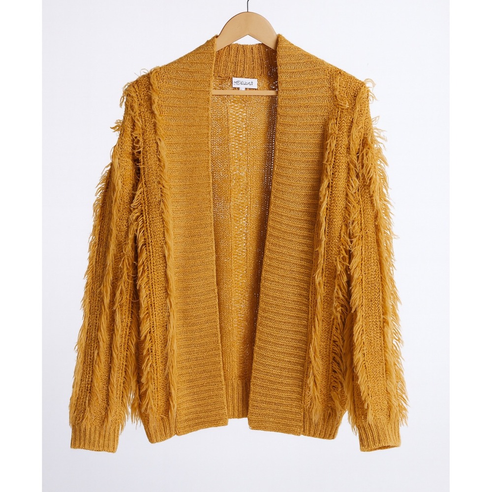 Davi & Dani‎ Womens Yellow Fringe Chunky Knit Open Front Sweater sz S Boho Fall